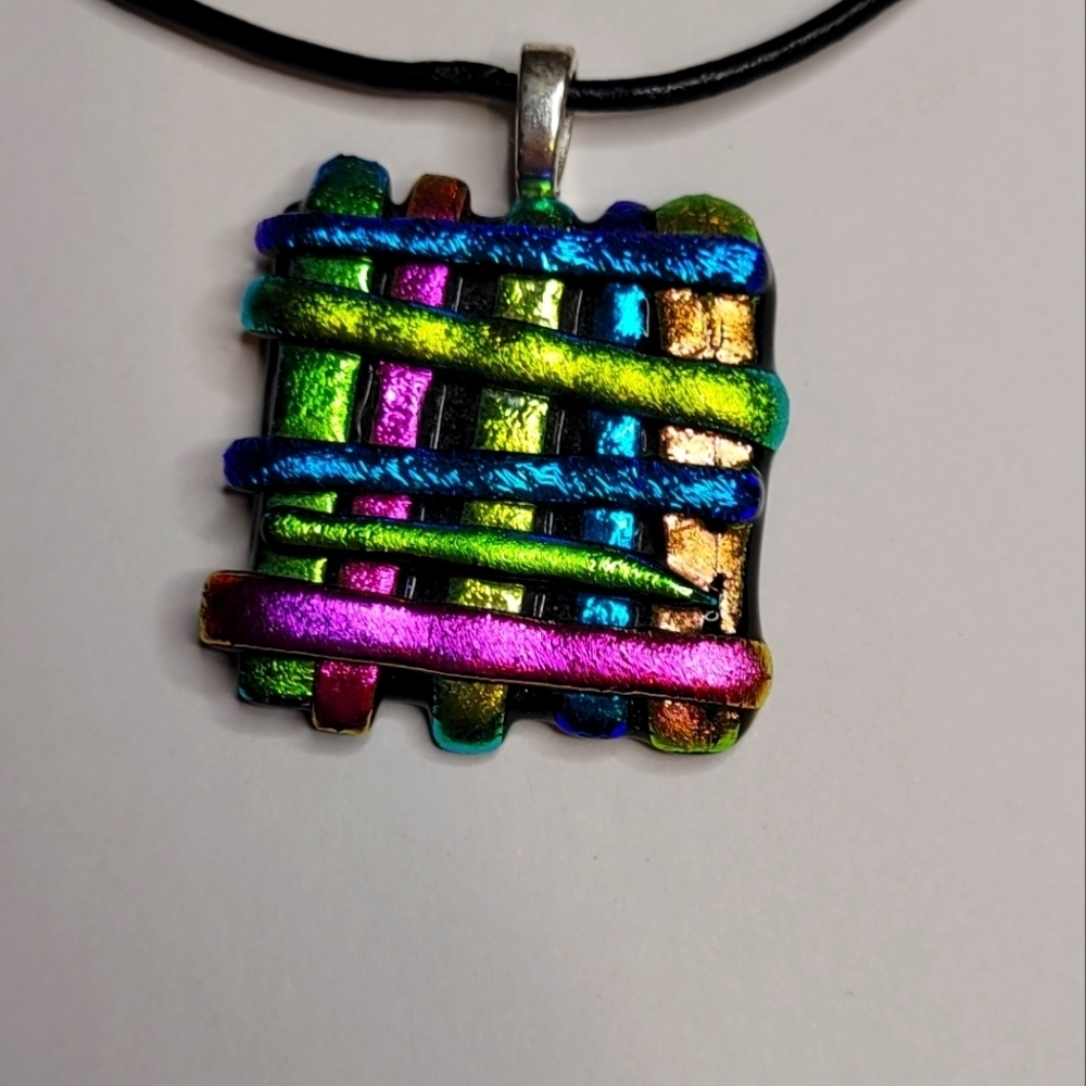 VINTAGE 90'S, multicolor, abstract fused glass charm w/18" leather cord. OS. - Picture 1 of 4